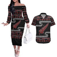 New Zealand Christmas Couples Matching Off The Shoulder Long Sleeve Dress and Hawaiian Shirt Meri Kirihimete Silver Fern Knit Style Red Color LT03 Red - Polynesian Pride