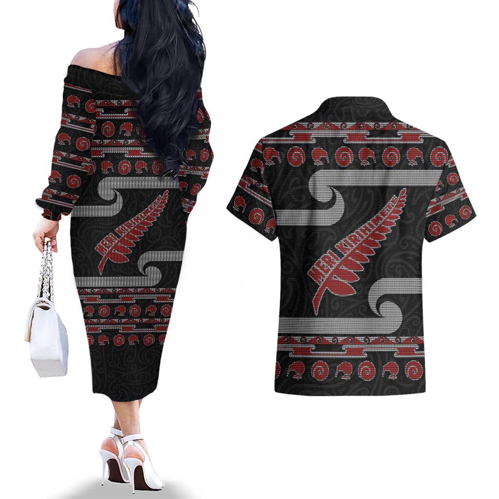 New Zealand Christmas Couples Matching Off The Shoulder Long Sleeve Dress and Hawaiian Shirt Meri Kirihimete Silver Fern Knit Style Red Color LT03 - Polynesian Pride