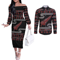 New Zealand Christmas Couples Matching Off The Shoulder Long Sleeve Dress and Long Sleeve Button Shirt Meri Kirihimete Silver Fern Knit Style Red Color LT03 Red - Polynesian Pride