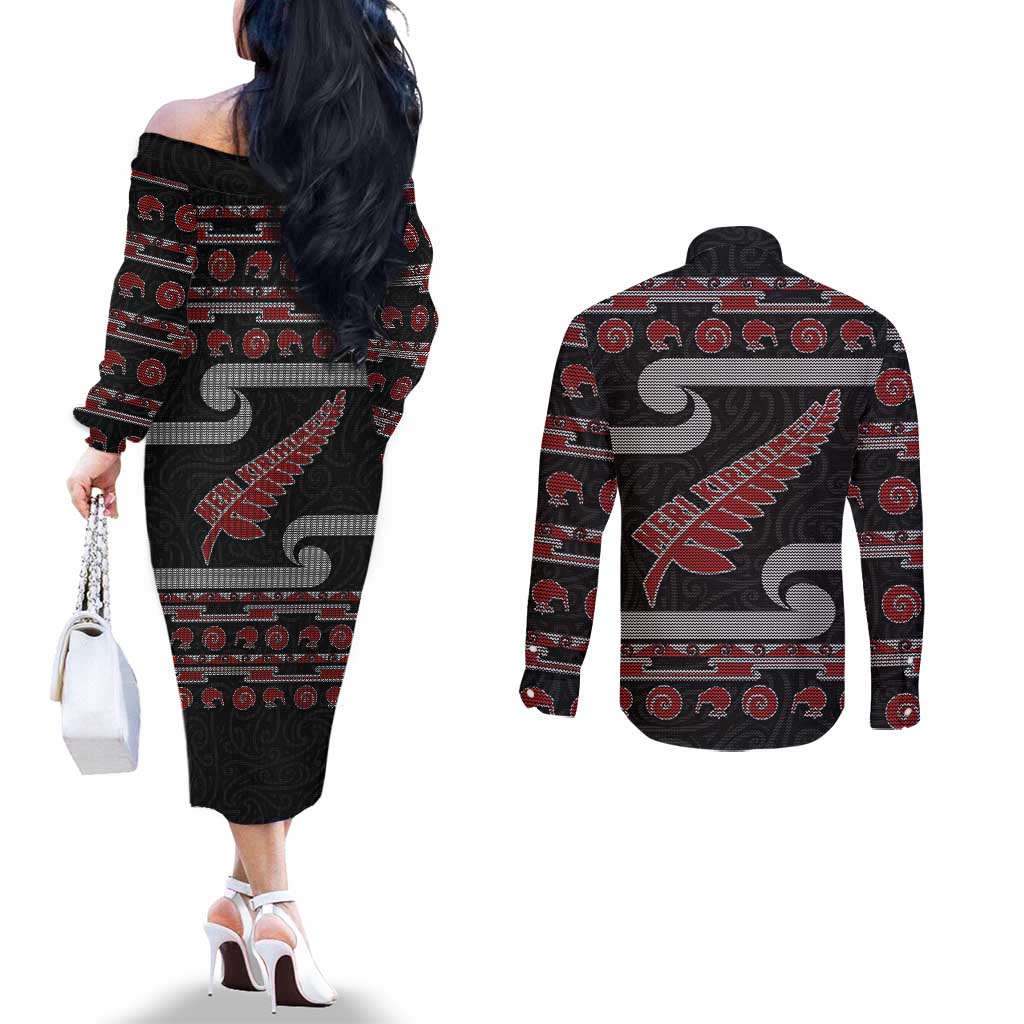 New Zealand Christmas Couples Matching Off The Shoulder Long Sleeve Dress and Long Sleeve Button Shirt Meri Kirihimete Silver Fern Knit Style Red Color LT03 - Polynesian Pride