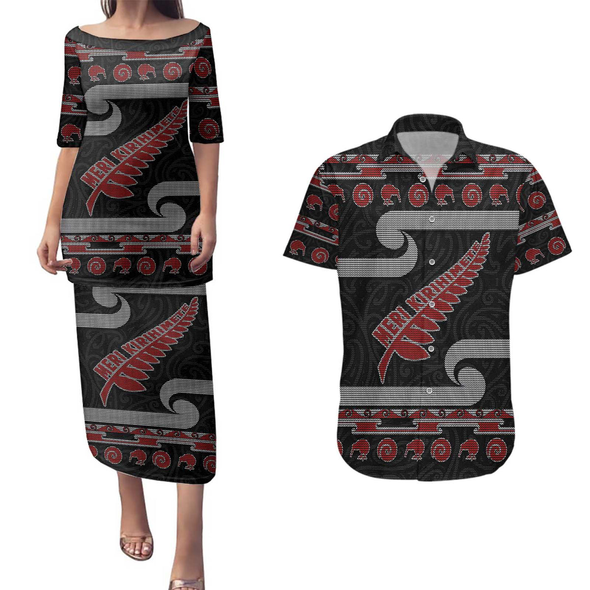 New Zealand Christmas Couples Matching Puletasi and Hawaiian Shirt Meri Kirihimete Silver Fern Knit Style Red Color LT03 Red - Polynesian Pride