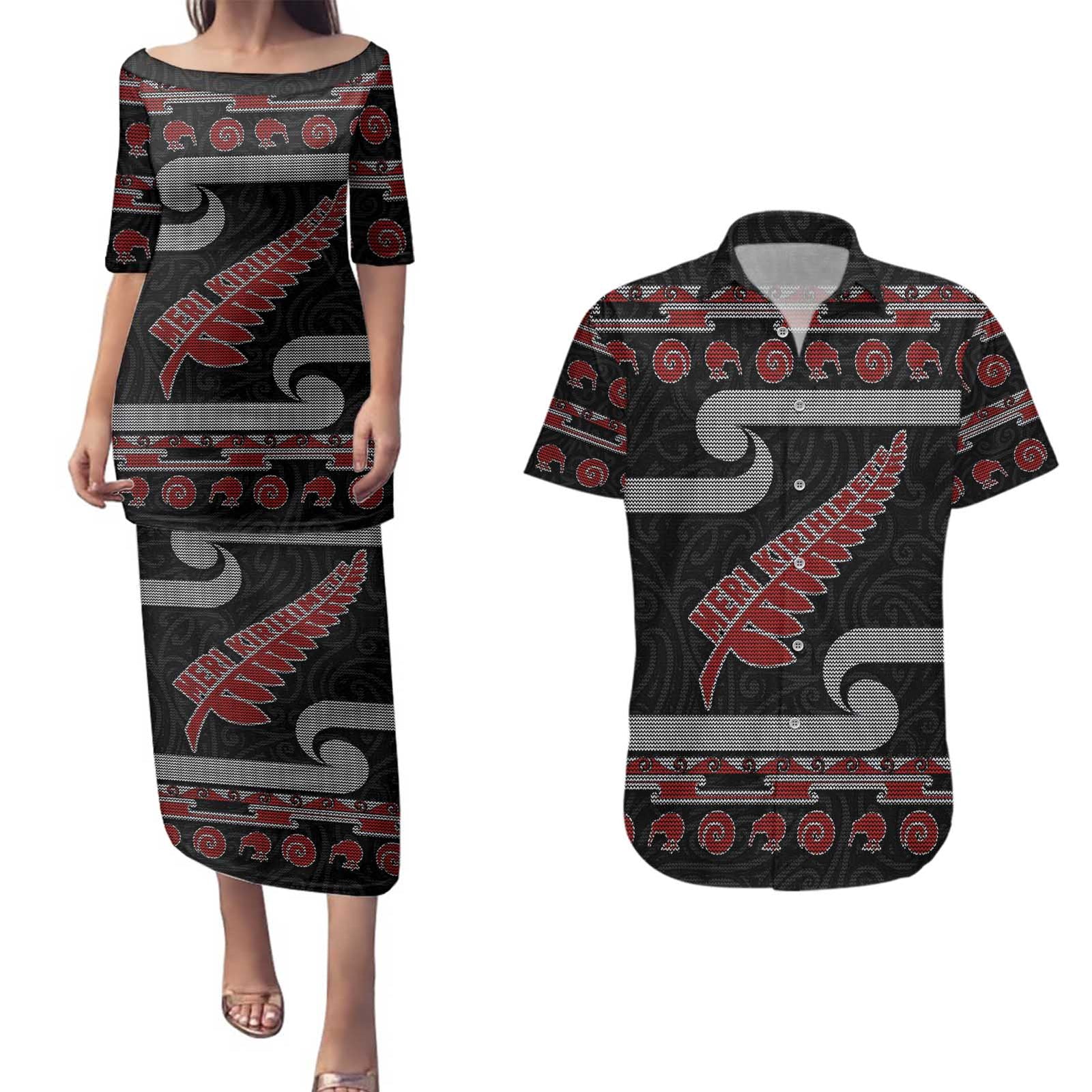 New Zealand Christmas Couples Matching Puletasi and Hawaiian Shirt Meri Kirihimete Silver Fern Knit Style Red Color - Polynesian Pride
