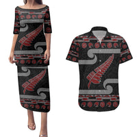 New Zealand Christmas Couples Matching Puletasi and Hawaiian Shirt Meri Kirihimete Silver Fern Knit Style Red Color LT03 Red - Polynesian Pride