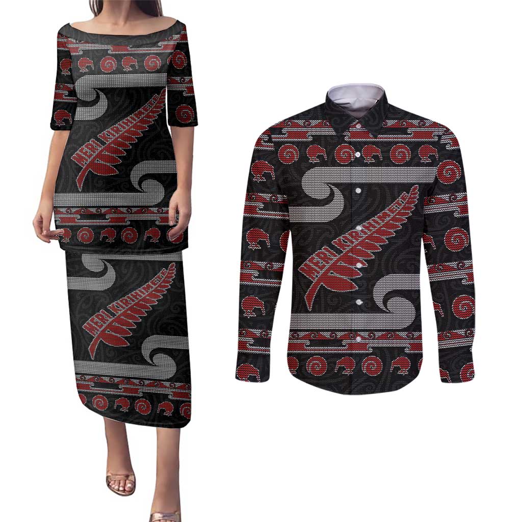 New Zealand Christmas Couples Matching Puletasi and Long Sleeve Button Shirt Meri Kirihimete Silver Fern Knit Style Red Color LT03 Red - Polynesian Pride
