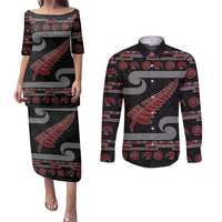 New Zealand Christmas Couples Matching Puletasi and Long Sleeve Button Shirt Meri Kirihimete Silver Fern Knit Style Red Color LT03 Red - Polynesian Pride