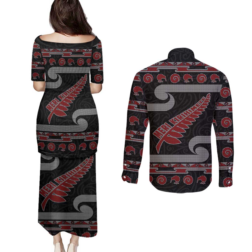 New Zealand Christmas Couples Matching Puletasi and Long Sleeve Button Shirt Meri Kirihimete Silver Fern Knit Style Red Color LT03 - Polynesian Pride