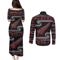 New Zealand Christmas Couples Matching Puletasi and Long Sleeve Button Shirt Meri Kirihimete Silver Fern Knit Style Red Color LT03 - Polynesian Pride