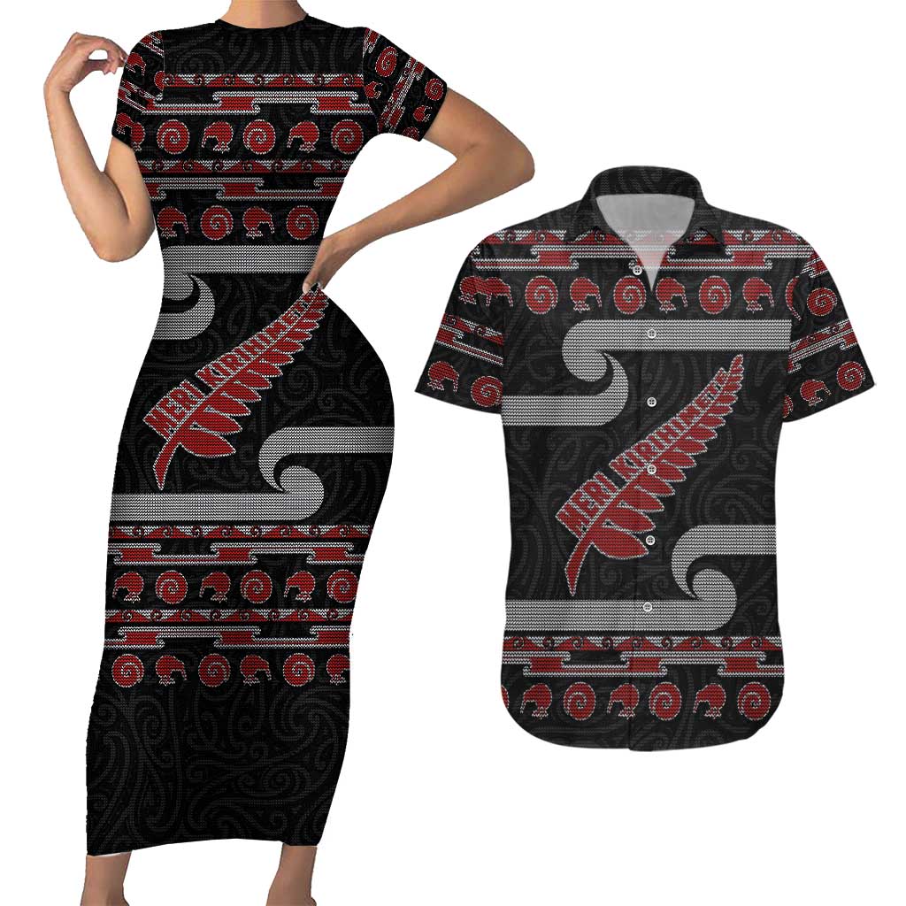 New Zealand Christmas Couples Matching Short Sleeve Bodycon Dress and Hawaiian Shirt Meri Kirihimete Silver Fern Knit Style Red Color LT03 Red - Polynesian Pride