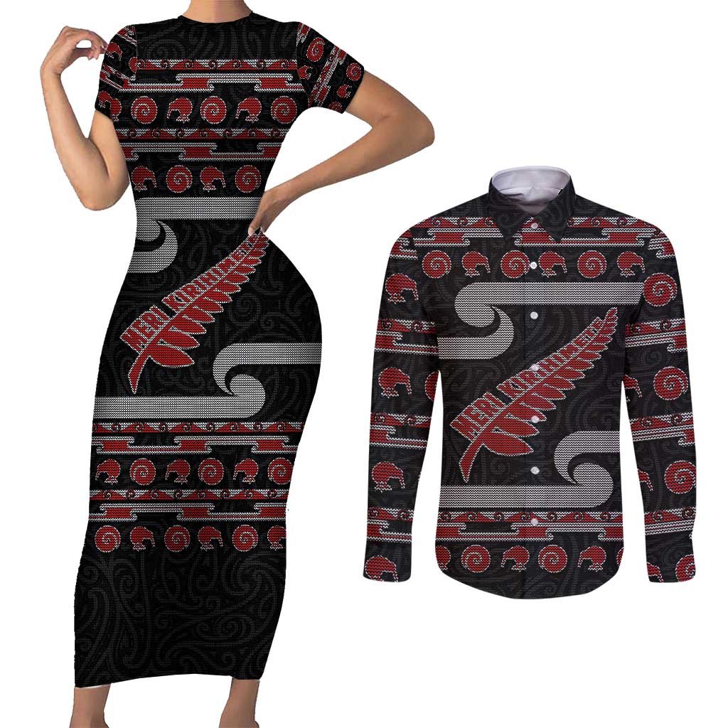 New Zealand Christmas Couples Matching Short Sleeve Bodycon Dress and Long Sleeve Button Shirt Meri Kirihimete Silver Fern Knit Style Red Color LT03 Red - Polynesian Pride