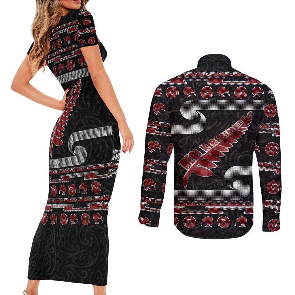 New Zealand Christmas Couples Matching Short Sleeve Bodycon Dress and Long Sleeve Button Shirt Meri Kirihimete Silver Fern Knit Style Red Color LT03 - Polynesian Pride