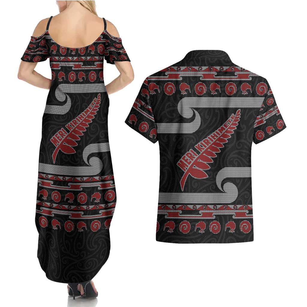 New Zealand Christmas Couples Matching Summer Maxi Dress and Hawaiian Shirt Meri Kirihimete Silver Fern Knit Style Red Color LT03 - Polynesian Pride
