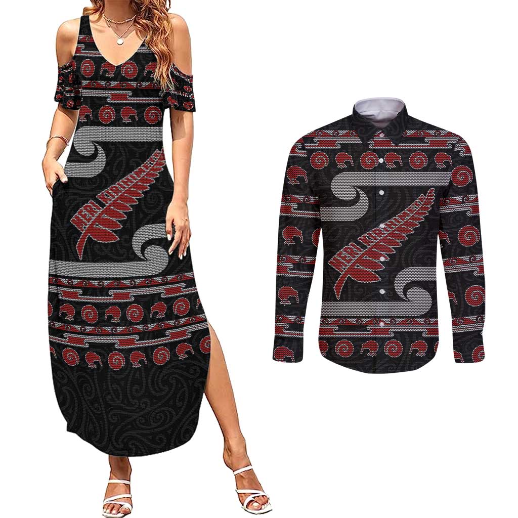 New Zealand Christmas Couples Matching Summer Maxi Dress and Long Sleeve Button Shirt Meri Kirihimete Silver Fern Knit Style Red Color LT03 Red - Polynesian Pride