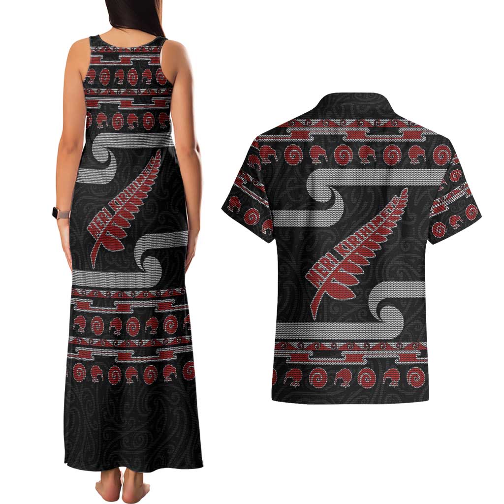New Zealand Christmas Couples Matching Tank Maxi Dress and Hawaiian Shirt Meri Kirihimete Silver Fern Knit Style Red Color LT03 - Polynesian Pride