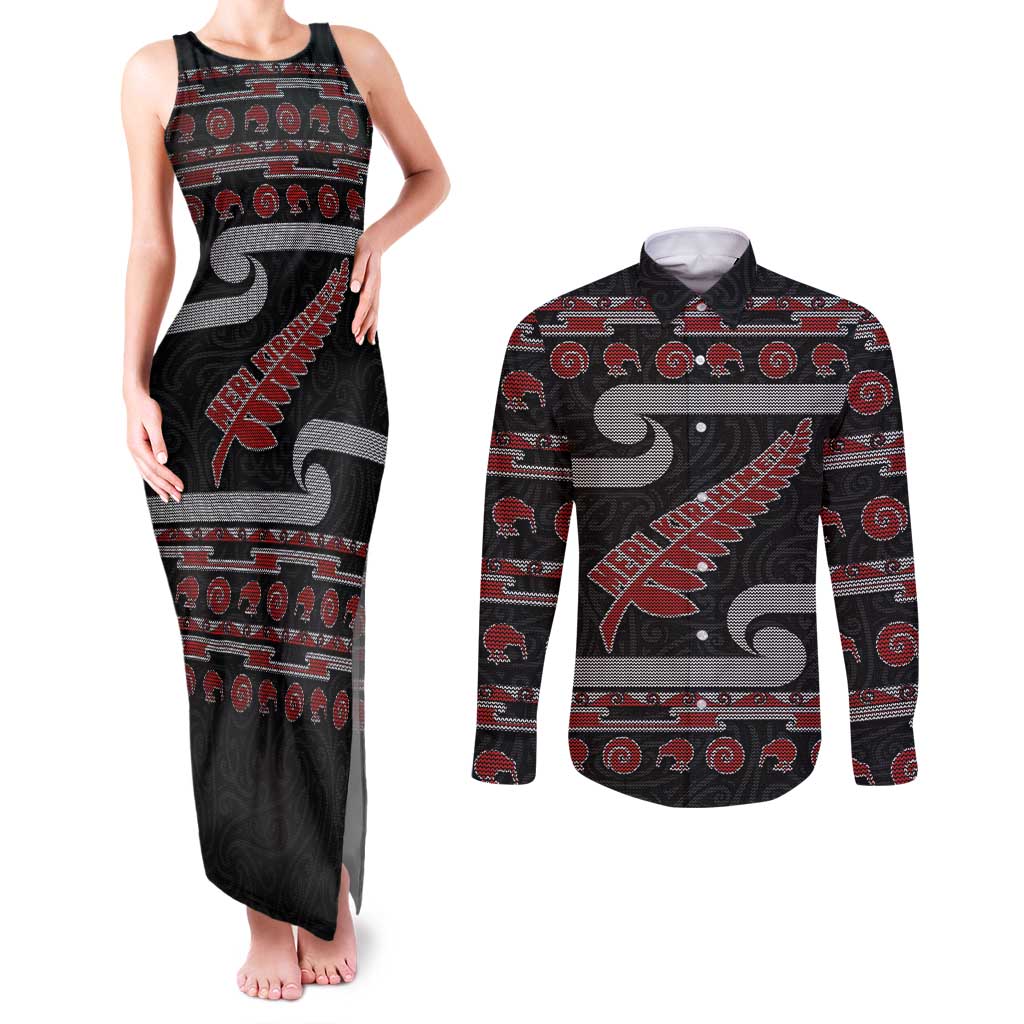 New Zealand Christmas Couples Matching Tank Maxi Dress and Long Sleeve Button Shirt Meri Kirihimete Silver Fern Knit Style Red Color LT03 Red - Polynesian Pride