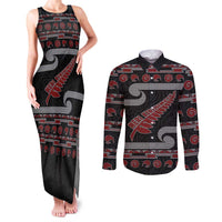 New Zealand Christmas Couples Matching Tank Maxi Dress and Long Sleeve Button Shirt Meri Kirihimete Silver Fern Knit Style Red Color LT03 Red - Polynesian Pride