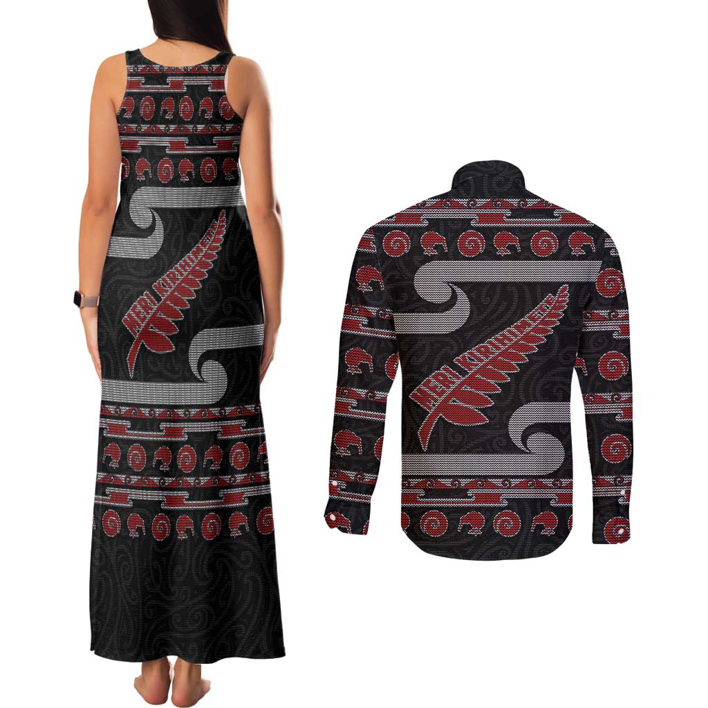 New Zealand Christmas Couples Matching Tank Maxi Dress and Long Sleeve Button Shirt Meri Kirihimete Silver Fern Knit Style Red Color LT03 - Polynesian Pride
