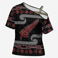 New Zealand Christmas Cross Shoulder Shirt Meri Kirihimete Silver Fern Knit Style Red Color LT03 Female Red - Polynesian Pride