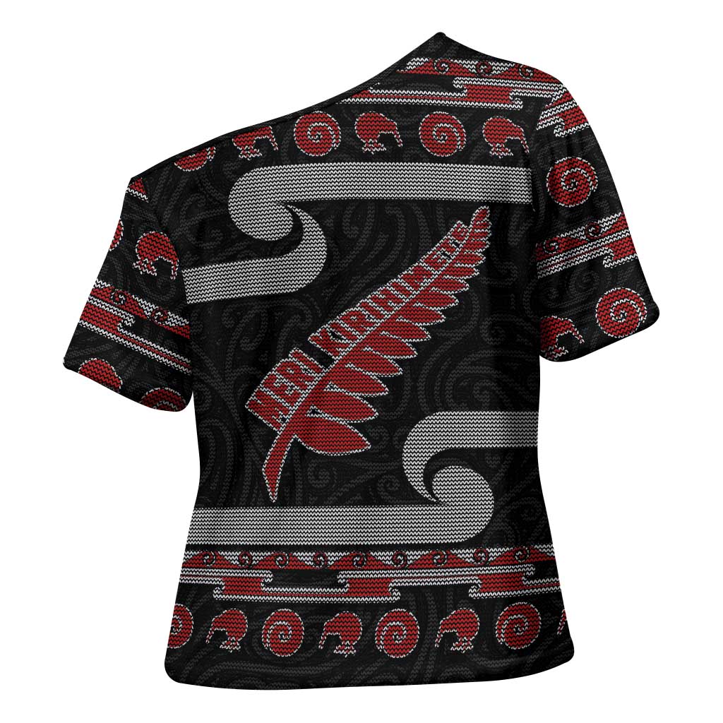 New Zealand Christmas Cross Shoulder Shirt Meri Kirihimete Silver Fern Knit Style Red Color LT03 - Polynesian Pride