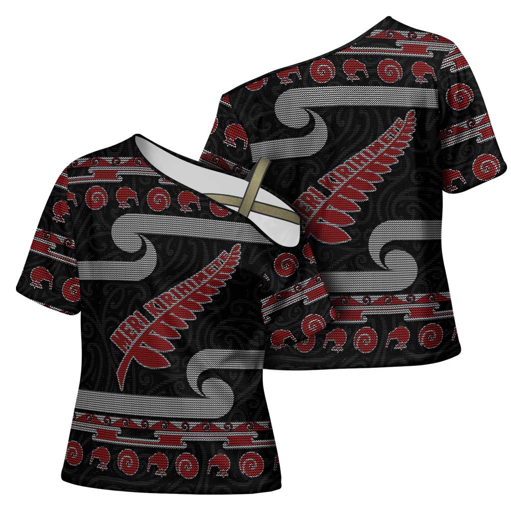 New Zealand Christmas Cross Shoulder Shirt Meri Kirihimete Silver Fern Knit Style Red Color LT03 - Polynesian Pride