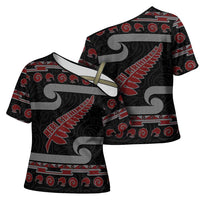 New Zealand Christmas Cross Shoulder Shirt Meri Kirihimete Silver Fern Knit Style Red Color LT03 - Polynesian Pride