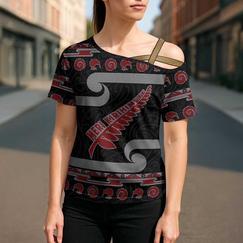 New Zealand Christmas Cross Shoulder Shirt Meri Kirihimete Silver Fern Knit Style Red Color LT03 - Polynesian Pride