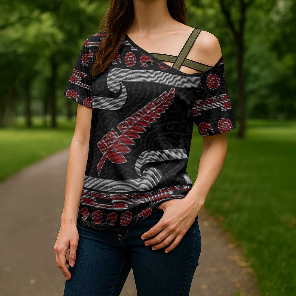 New Zealand Christmas Cross Shoulder Shirt Meri Kirihimete Silver Fern Knit Style Red Color LT03 - Polynesian Pride