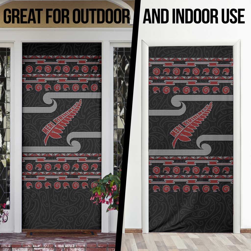 New Zealand Christmas Door Cover Meri Kirihimete Silver Fern Knit Style Red Color LT03 - Polynesian Pride