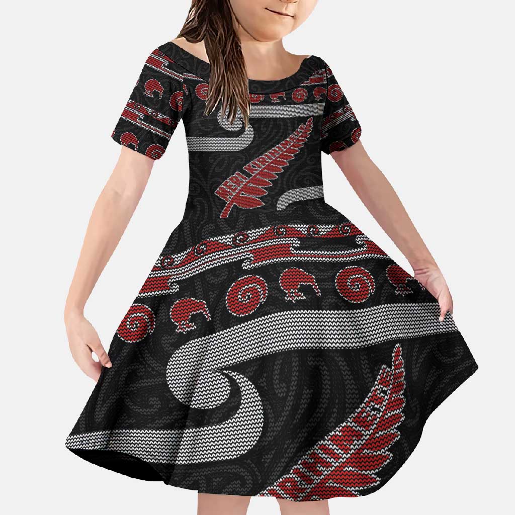 New Zealand Christmas Family Matching Long Sleeve Bodycon Dress and Hawaiian Shirt Meri Kirihimete Silver Fern Knit Style Red Color LT03 Daughter's Dress Red - Polynesian Pride