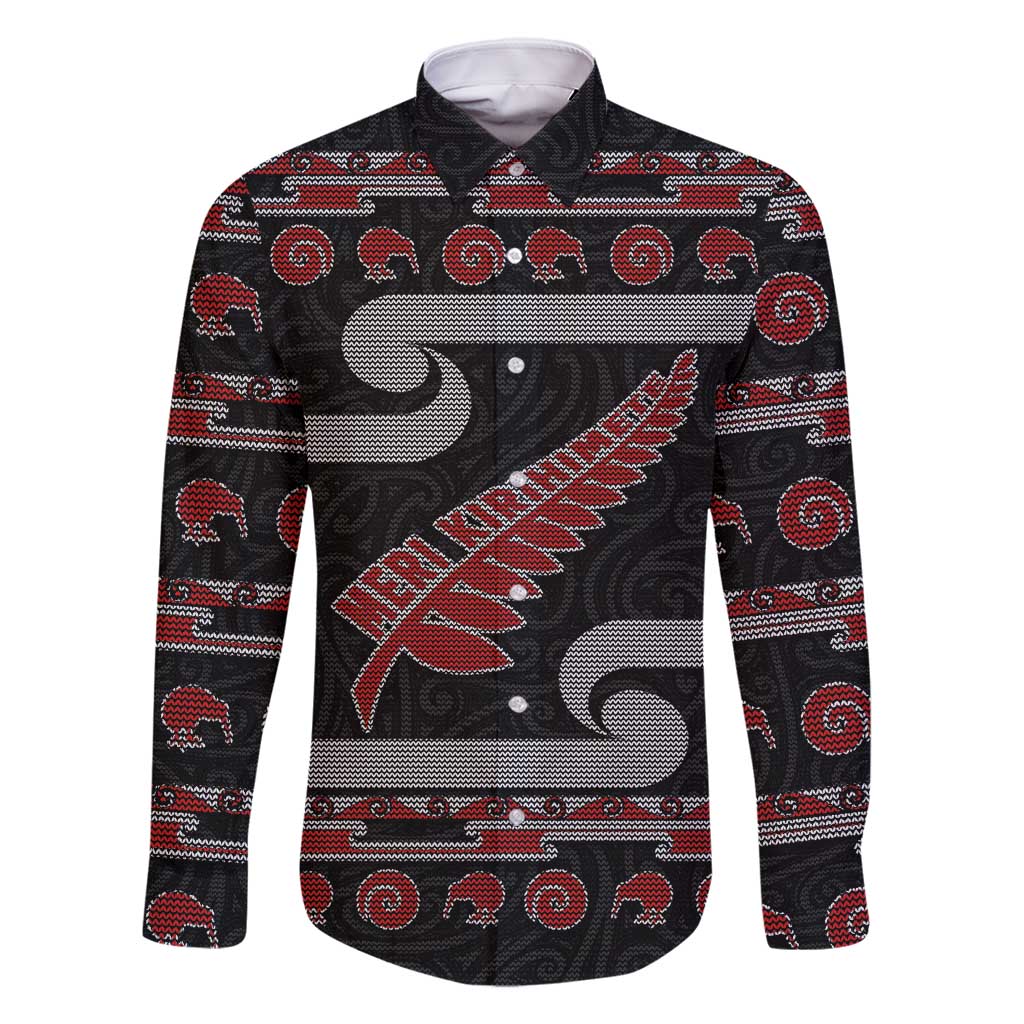 New Zealand Christmas Family Matching Long Sleeve Bodycon Dress and Hawaiian Shirt Meri Kirihimete Silver Fern Knit Style Red Color LT03 Dad's Shirt - Long Sleeve Red - Polynesian Pride