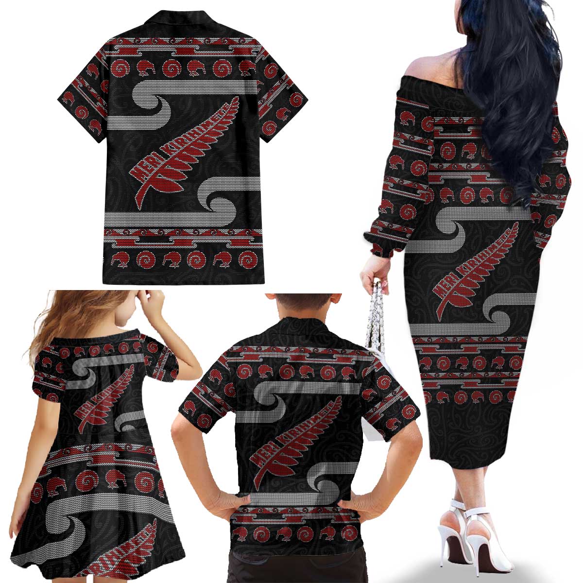 New Zealand Christmas Family Matching Off The Shoulder Long Sleeve Dress and Hawaiian Shirt Meri Kirihimete Silver Fern Knit Style Red Color LT03 - Polynesian Pride