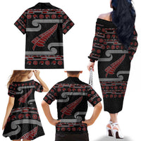 New Zealand Christmas Family Matching Off The Shoulder Long Sleeve Dress and Hawaiian Shirt Meri Kirihimete Silver Fern Knit Style Red Color LT03 - Polynesian Pride