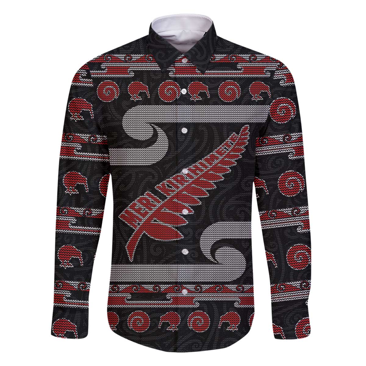 New Zealand Christmas Family Matching Off The Shoulder Long Sleeve Dress and Hawaiian Shirt Meri Kirihimete Silver Fern Knit Style Red Color LT03 Dad's Shirt - Long Sleeve Red - Polynesian Pride