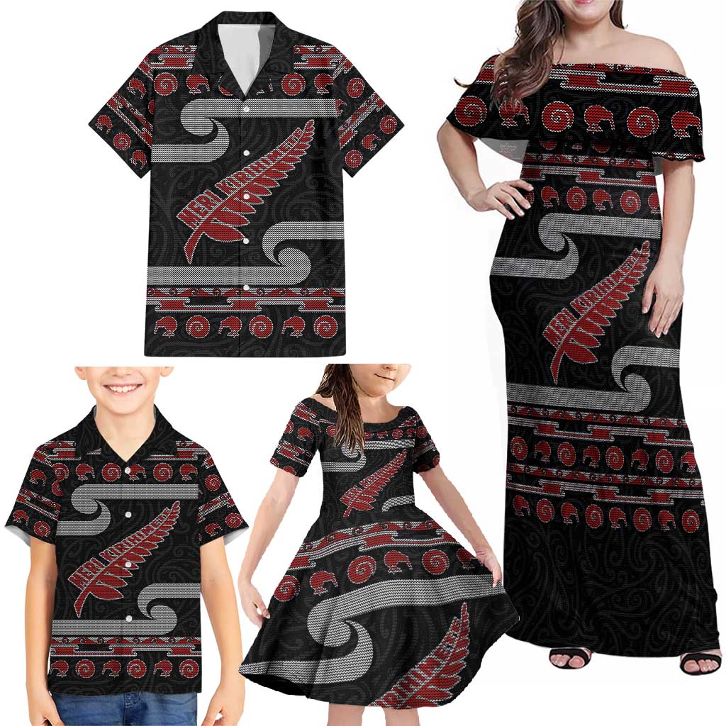 New Zealand Christmas Family Matching Off Shoulder Maxi Dress and Hawaiian Shirt Meri Kirihimete Silver Fern Knit Style Red Color LT03 - Polynesian Pride