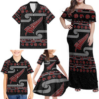 New Zealand Christmas Family Matching Off Shoulder Maxi Dress and Hawaiian Shirt Meri Kirihimete Silver Fern Knit Style Red Color LT03 - Polynesian Pride