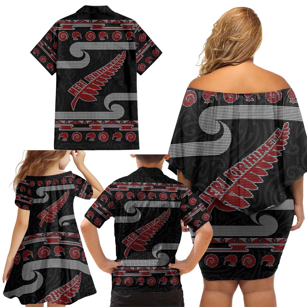 New Zealand Christmas Family Matching Off Shoulder Short Dress and Hawaiian Shirt Meri Kirihimete Silver Fern Knit Style Red Color LT03 - Polynesian Pride