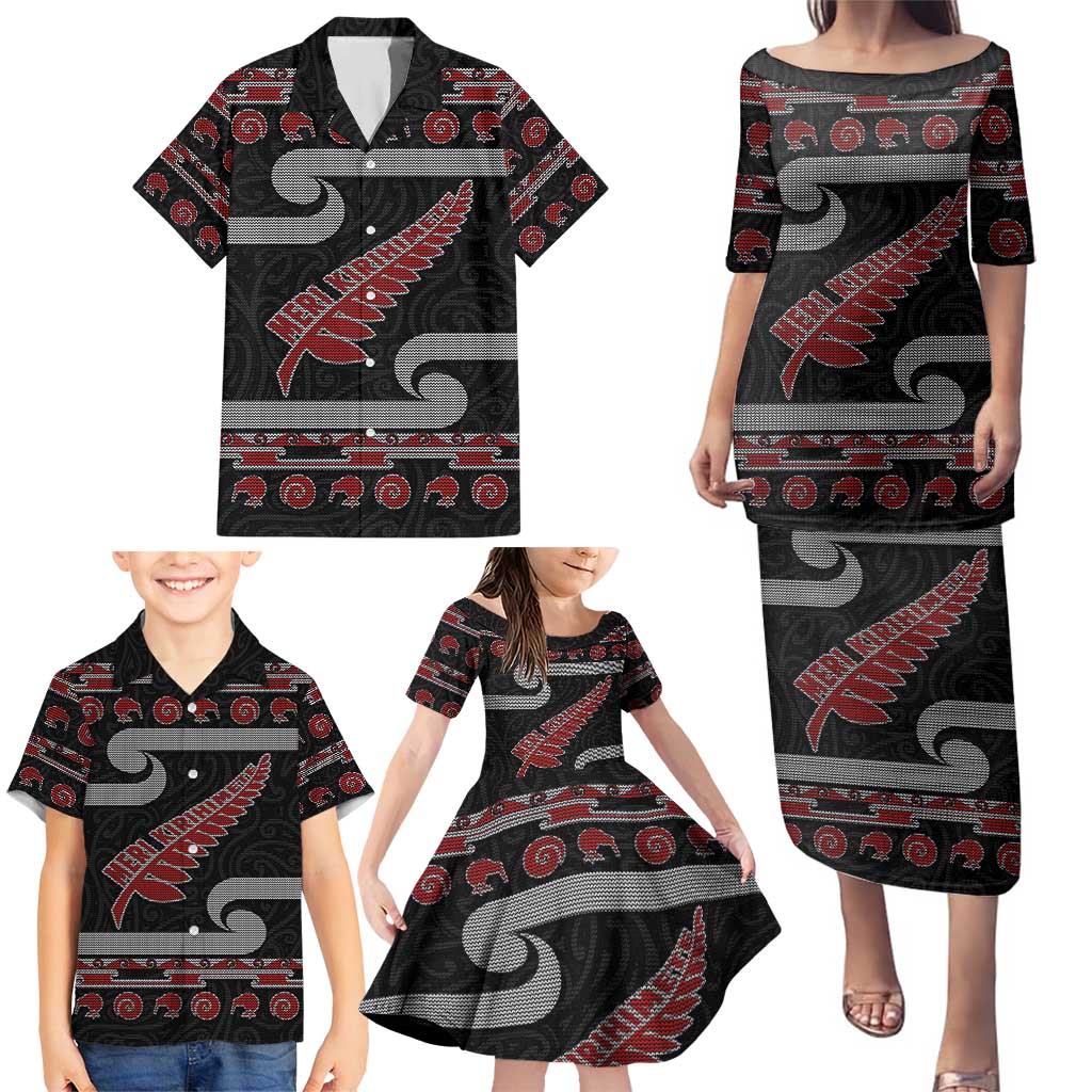 New Zealand Christmas Family Matching Puletasi and Hawaiian Shirt Meri Kirihimete Silver Fern Knit Style Red Color LT03 - Polynesian Pride