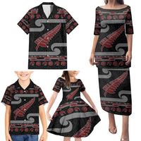 New Zealand Christmas Family Matching Puletasi and Hawaiian Shirt Meri Kirihimete Silver Fern Knit Style Red Color LT03 - Polynesian Pride