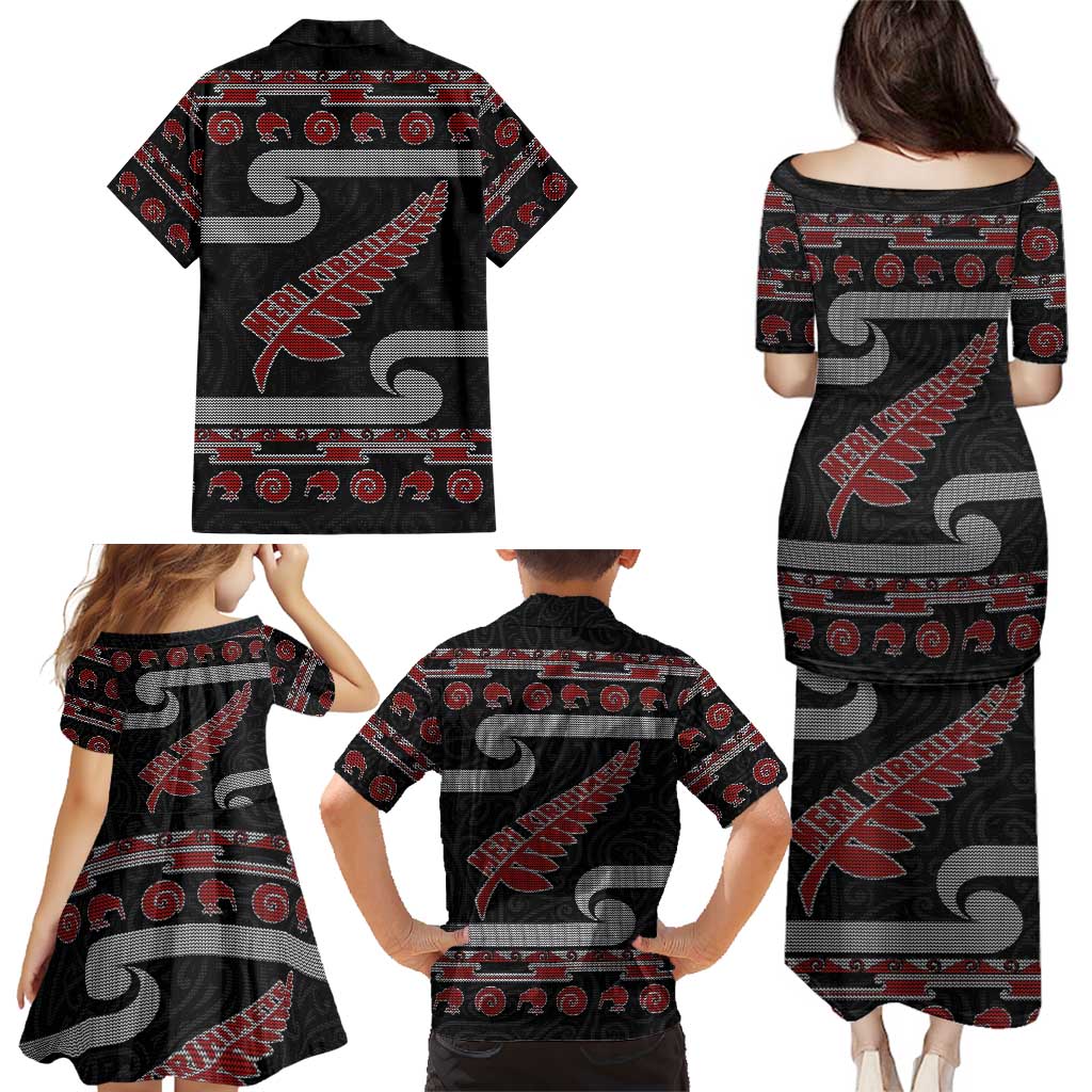 New Zealand Christmas Family Matching Puletasi and Hawaiian Shirt Meri Kirihimete Silver Fern Knit Style Red Color LT03 - Polynesian Pride
