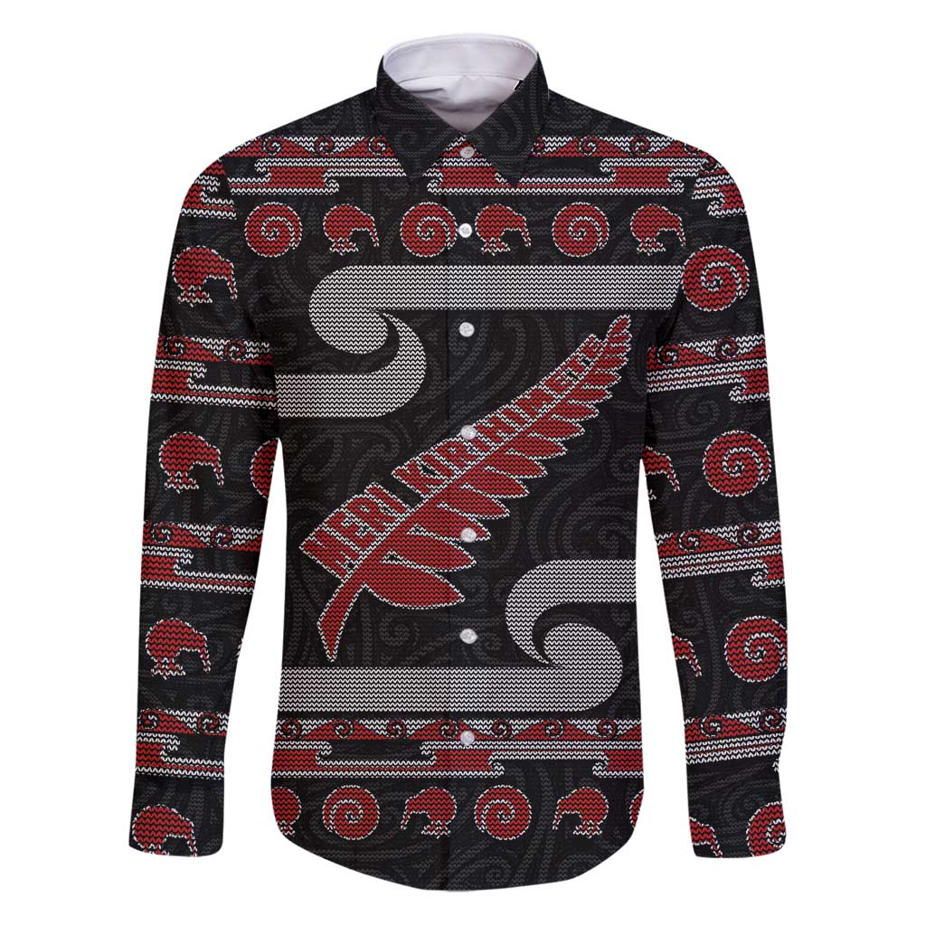 New Zealand Christmas Family Matching Puletasi and Hawaiian Shirt Meri Kirihimete Silver Fern Knit Style Red Color LT03 Dad's Shirt - Long Sleeve Red - Polynesian Pride
