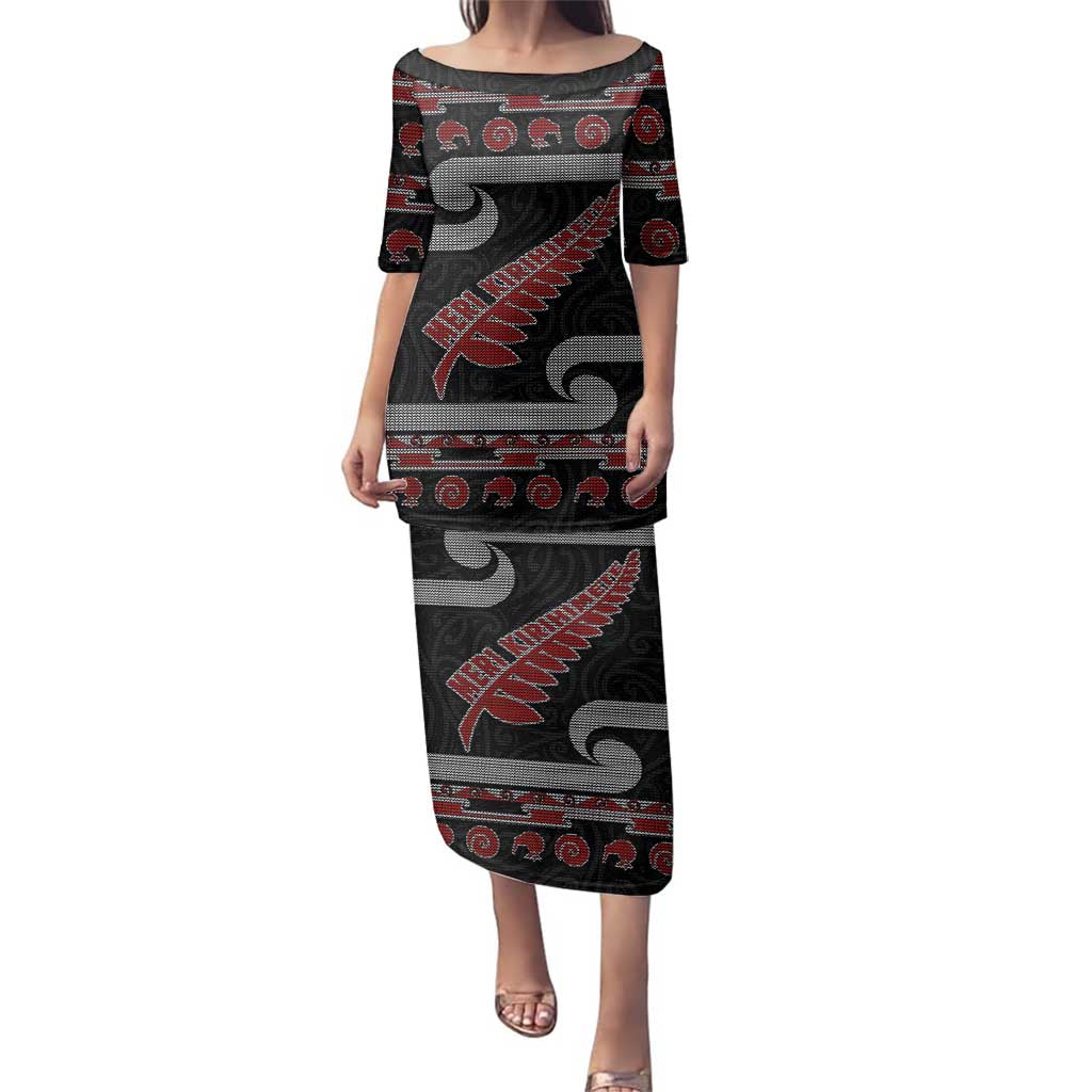 New Zealand Christmas Family Matching Puletasi and Hawaiian Shirt Meri Kirihimete Silver Fern Knit Style Red Color LT03 Mom's Dress Red - Polynesian Pride