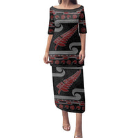New Zealand Christmas Family Matching Puletasi and Hawaiian Shirt Meri Kirihimete Silver Fern Knit Style Red Color LT03 Mom's Dress Red - Polynesian Pride