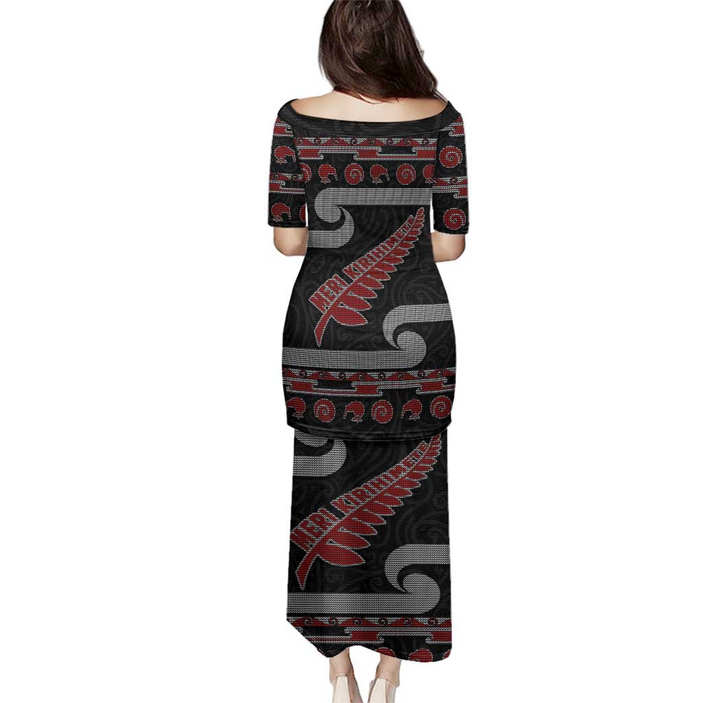 New Zealand Christmas Family Matching Puletasi and Hawaiian Shirt Meri Kirihimete Silver Fern Knit Style Red Color LT03 - Polynesian Pride