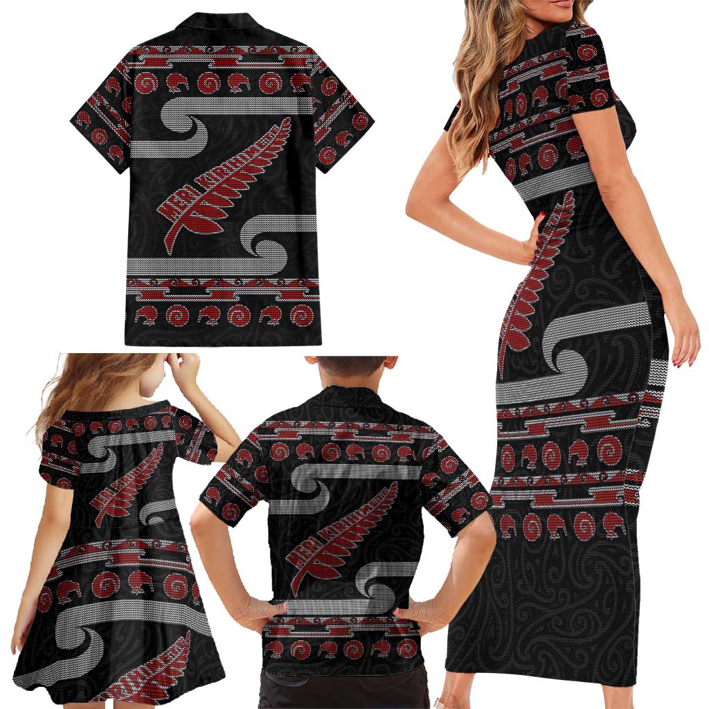 New Zealand Christmas Family Matching Short Sleeve Bodycon Dress and Hawaiian Shirt Meri Kirihimete Silver Fern Knit Style Red Color LT03 - Polynesian Pride