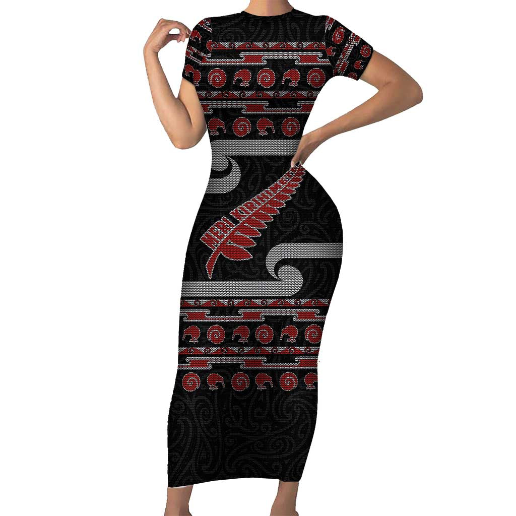 New Zealand Christmas Family Matching Short Sleeve Bodycon Dress and Hawaiian Shirt Meri Kirihimete Silver Fern Knit Style Red Color LT03 Mom's Dress Red - Polynesian Pride