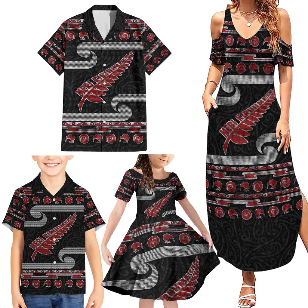 New Zealand Christmas Family Matching Summer Maxi Dress and Hawaiian Shirt Meri Kirihimete Silver Fern Knit Style Red Color LT03 - Polynesian Pride