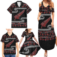 New Zealand Christmas Family Matching Summer Maxi Dress and Hawaiian Shirt Meri Kirihimete Silver Fern Knit Style Red Color LT03 - Polynesian Pride
