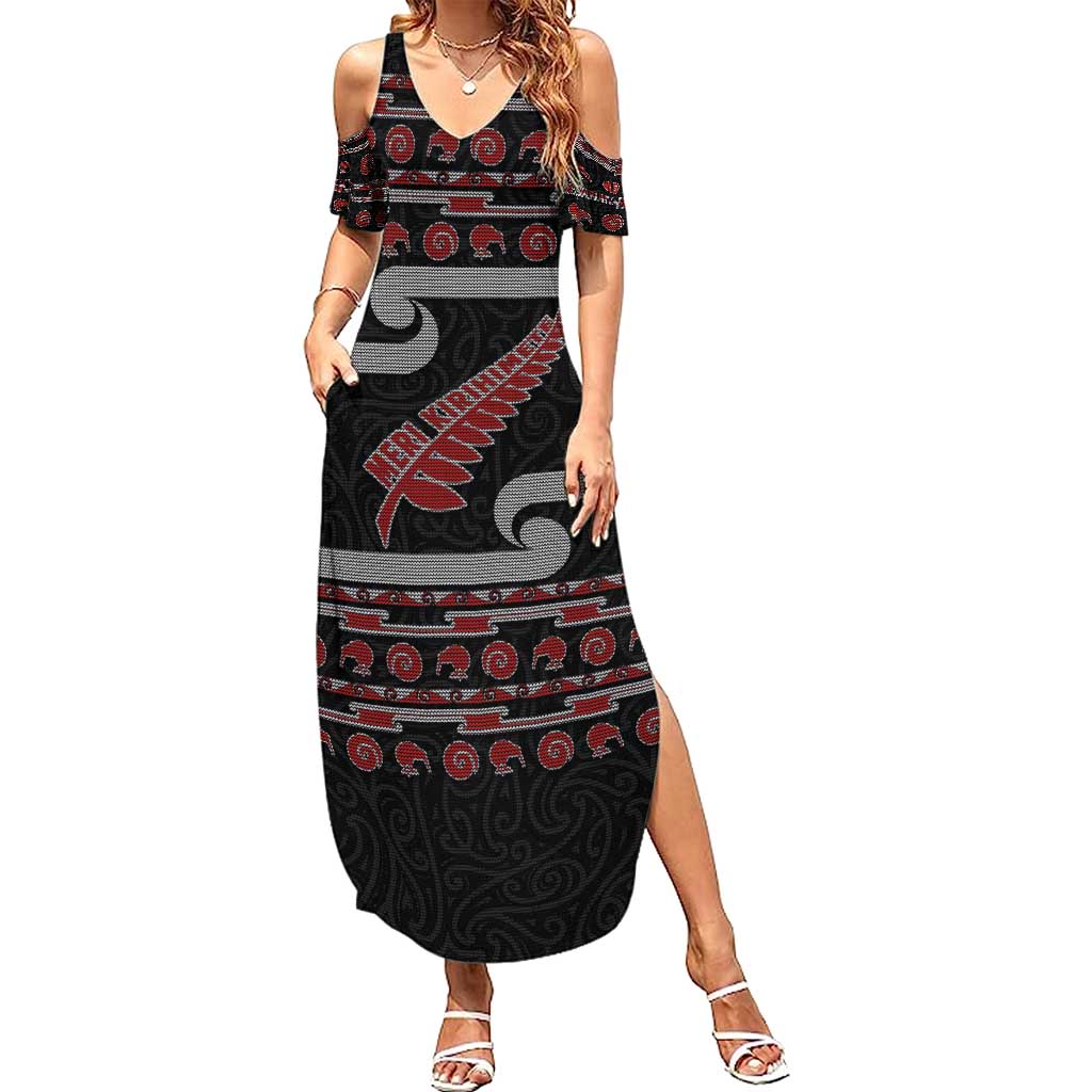 New Zealand Christmas Family Matching Summer Maxi Dress and Hawaiian Shirt Meri Kirihimete Silver Fern Knit Style Red Color LT03 Mom's Dress Red - Polynesian Pride