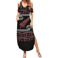New Zealand Christmas Family Matching Summer Maxi Dress and Hawaiian Shirt Meri Kirihimete Silver Fern Knit Style Red Color LT03 Mom's Dress Red - Polynesian Pride