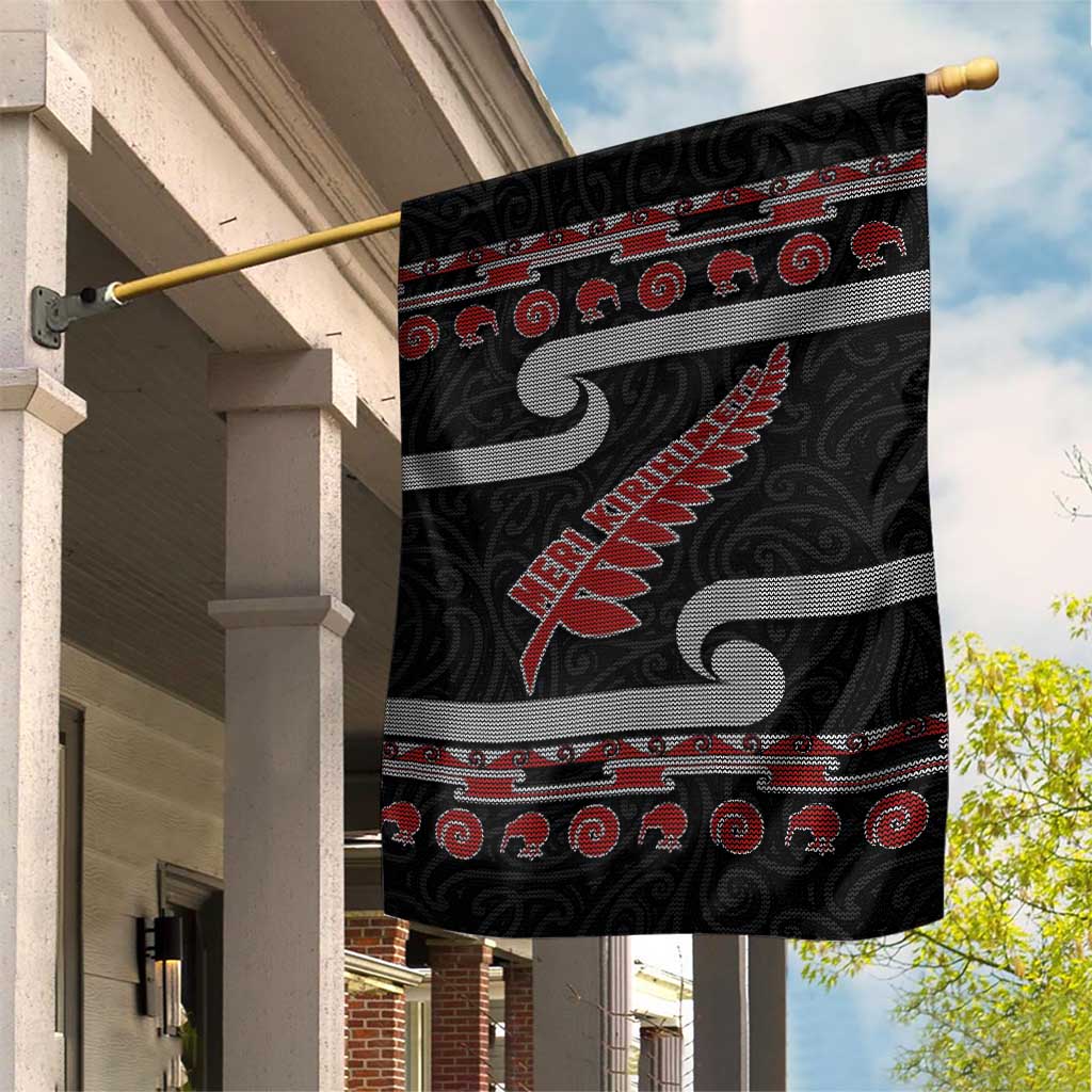 New Zealand Christmas Garden Flag Meri Kirihimete Silver Fern Knit Style Red Color - Polynesian Pride