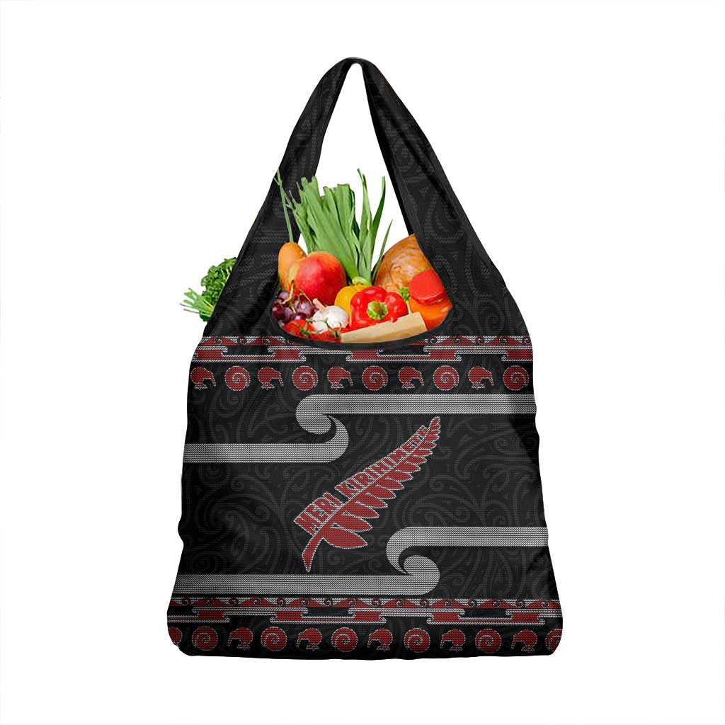 New Zealand Christmas Grocery Bag Meri Kirihimete Silver Fern Knit Style Red Color LT03 1-pack One Size Red - Polynesian Pride